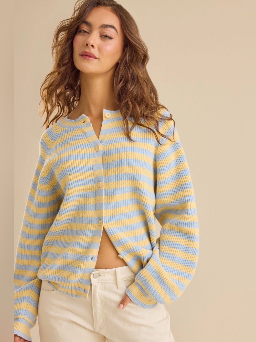 Le Lis Striped Button-Up Cardigan ~ Light Blue and Butter Yellow